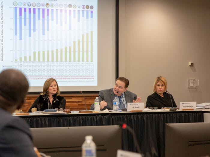 Vice-Chair Kellie Hunt Blue (right) and Chair Wendy Floyd Murphy (left) listen as Committee Member Matt Brody (center) presents aspects of a survey which collected data on arears of university faculty pay, retention, and participation across the UNC system and Historically Minority-serving institutions. Thursday, Jan. 24, 2019 at the UNC Center for School Leadership Development.