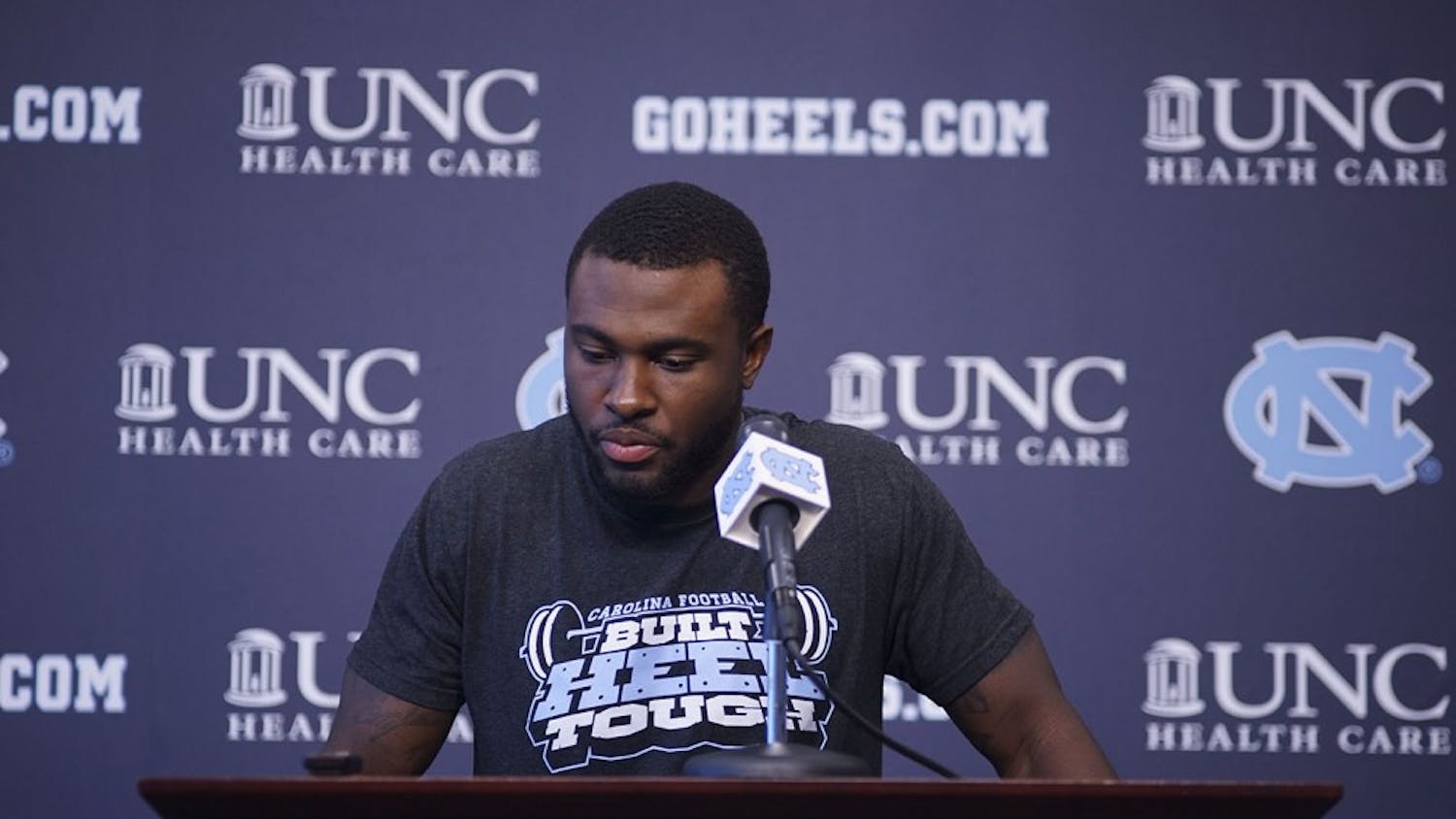 UNC Safety Donnie Miles speaks at a press conference inside Kenan Football Center at a press conference Monday.