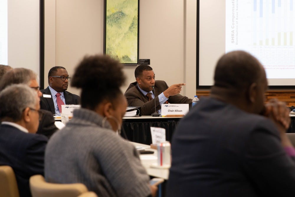 Chair Darrell Allison comments during the review of a survey which collected data on various aspects of university faculty pay, retention, and participation across the UNC system and Historically Minority-serving institutions. Thursday, Jan. 24, 2019 at the UNC Center for School Leadership Development.