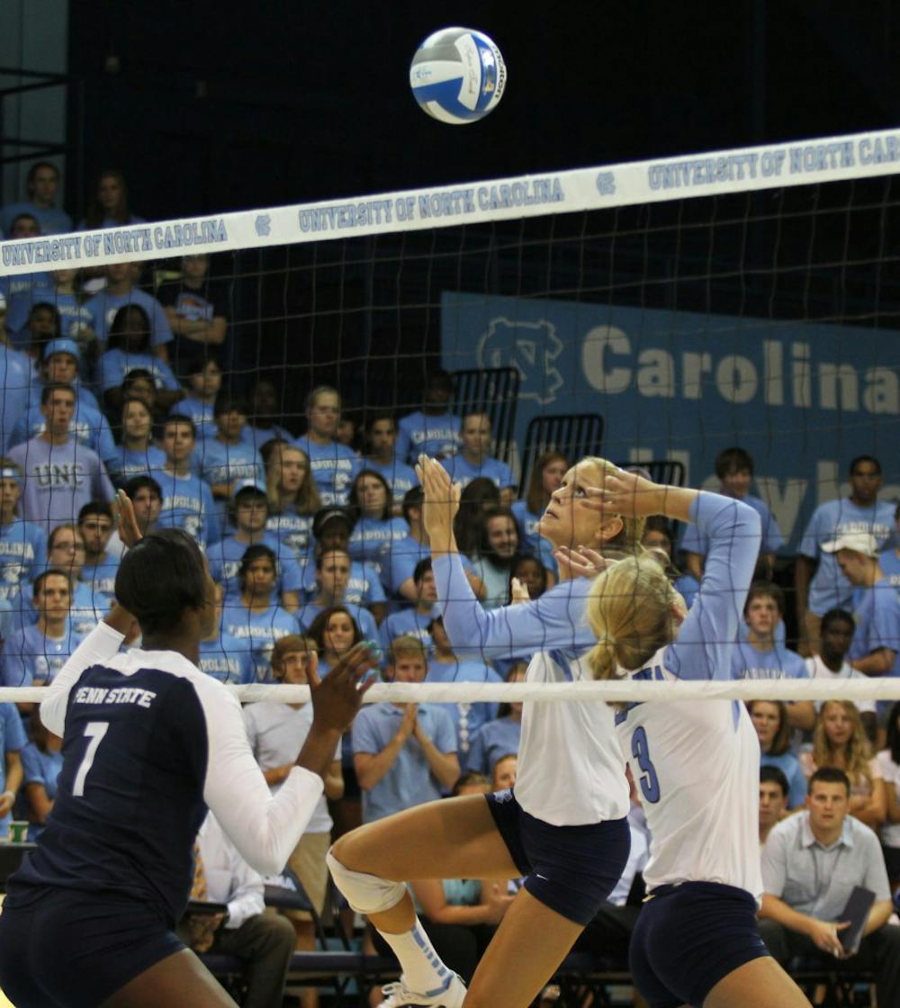 Courtney Johnston keeps her eye on the ball in the Tar Heels’ 3-0 loss to Penn State. North Carolina rebounded with wins over Campbell and Villanova.