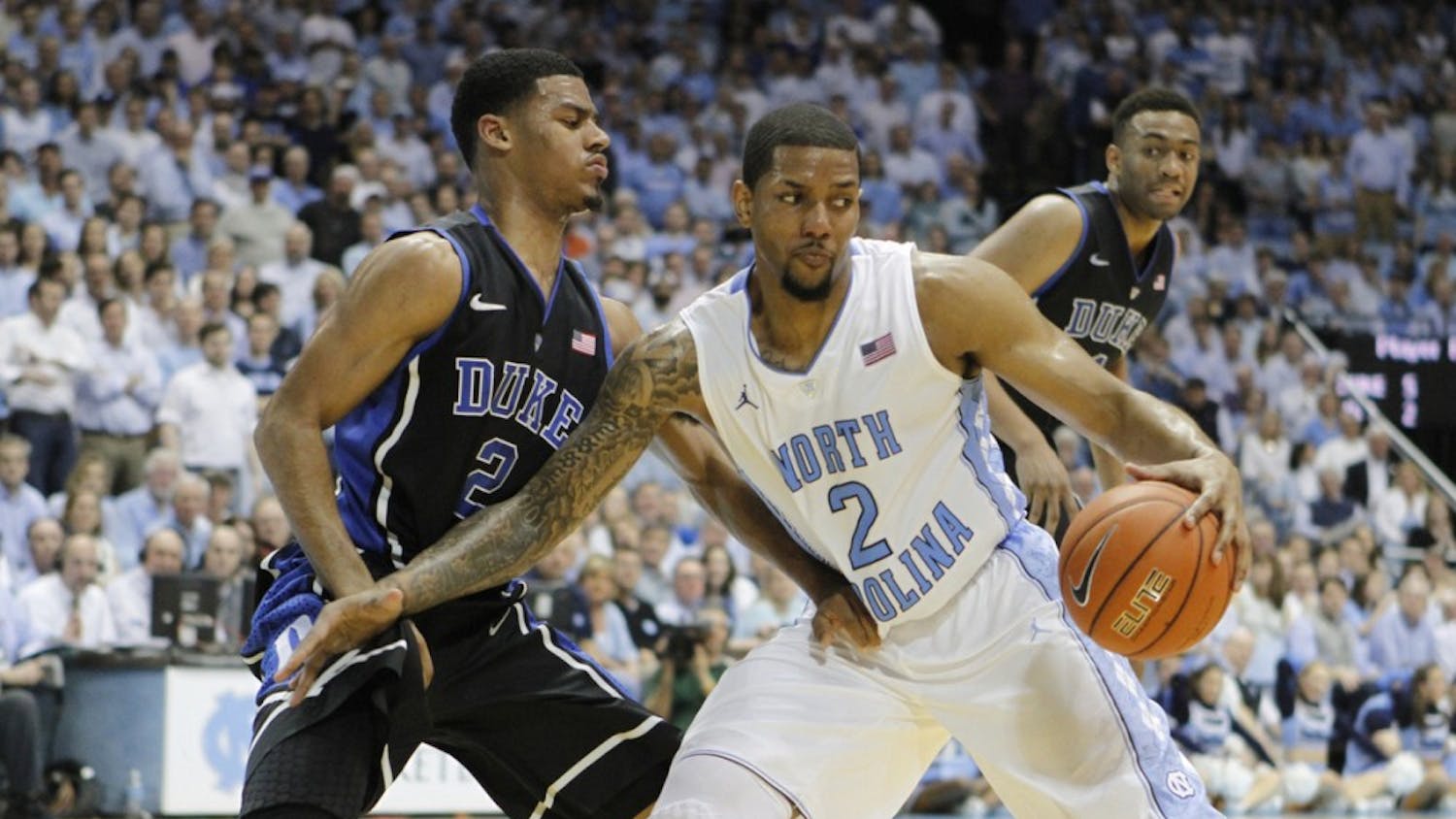 Leslie McDonald drives to the basket. UNC defeated Duke 74-66 at the Smith Center on Thursday, Feb. 20, 2014.&nbsp;