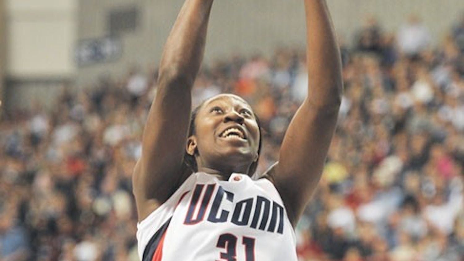 Center Tina Charles shot strong from the start, sinking all 25 of her points in the first half. Courtesy of The Daily Campus.