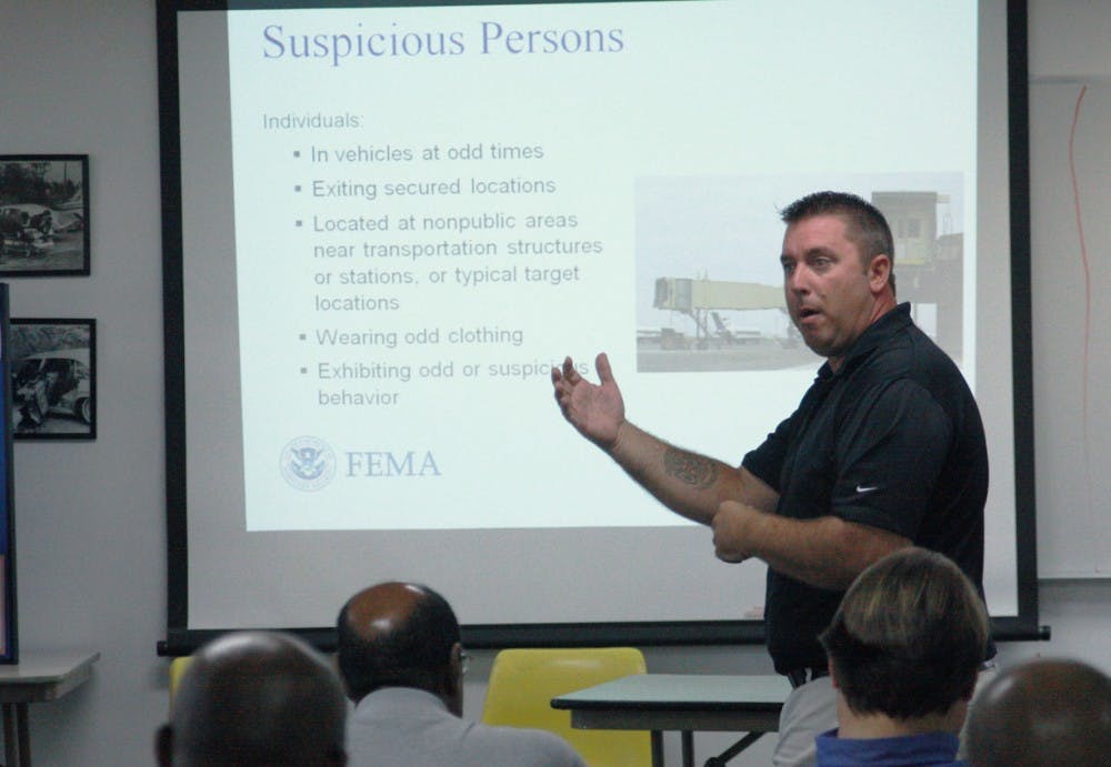 T.J. Deluca, head fire inspector at UNC, also a retired New York City firefighter, gives a presentation to UNC Hospital security staff about the potential dangers of attacks on a University campus. 