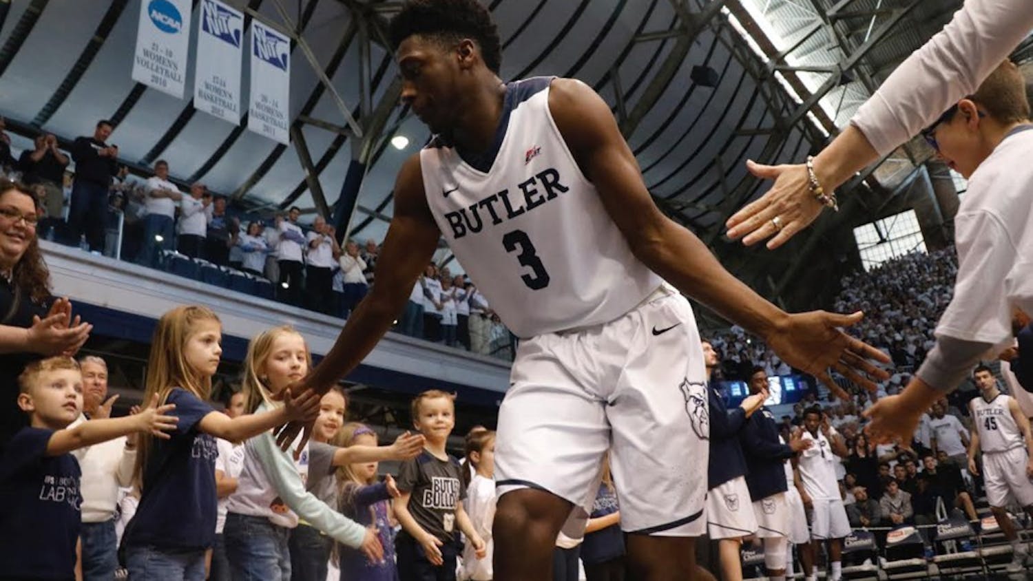 Butler first-year Kamar Baldwin (3) celebrates with&nbsp;fans. North Carolina will face Butler in the third round of the NCAA tournament on Friday evening.&nbsp;Photo courtesy Jimmy Lafakis.&nbsp;