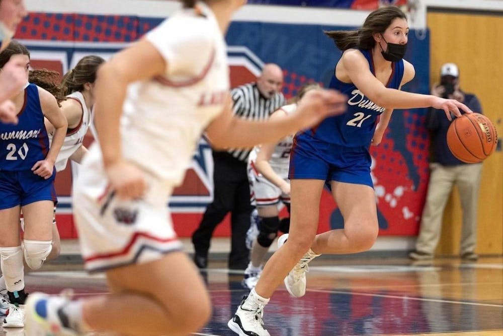<p>Ciera Toomey (21) dribbles the ball down the court during Dunmore High School's home game against Riverside High School on January 7th, 2022. Photo courtesy of Ciera Toomey.</p>
