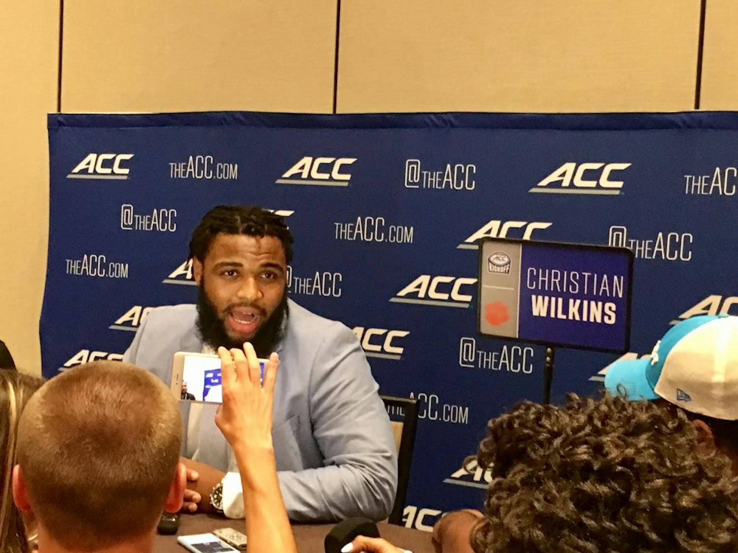 Clemson defensive tackle Christian Wilkins talks to the media at the ACC Football Kickoff in Charlotte on Thursday.