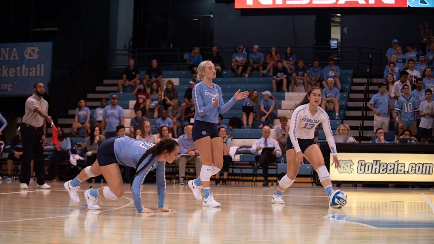 UNC volleyball players react in frustration after losing a point in a 3-1 defeat against Michigan State on Sept. 1 in Chapel Hill.