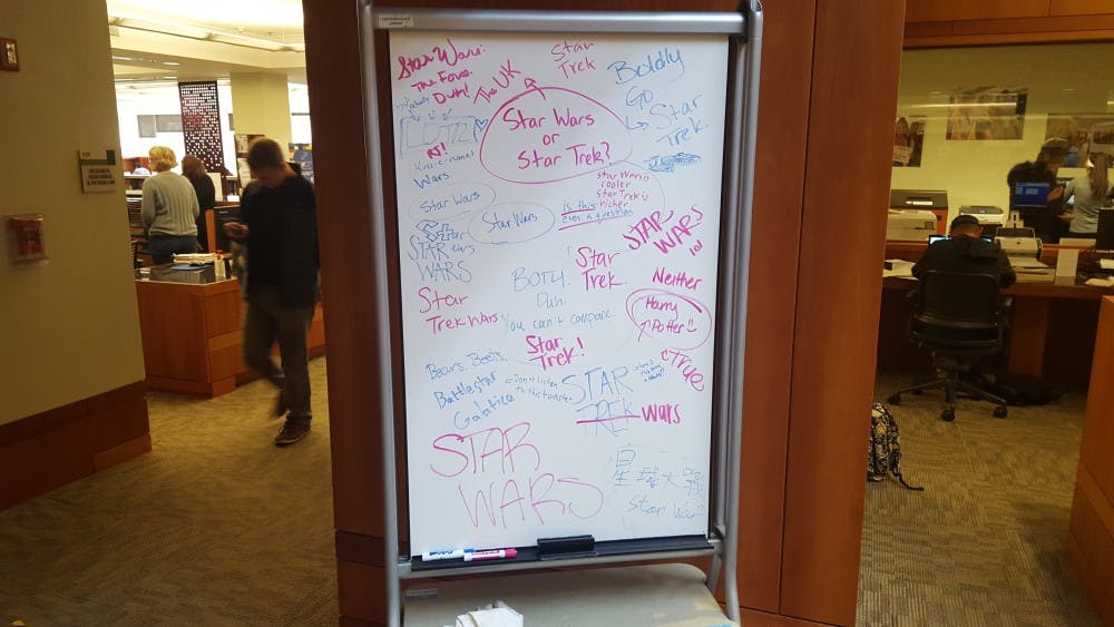 <p>The Undergraduate Library's whiteboard was having a less popular day Tuesday.</p>