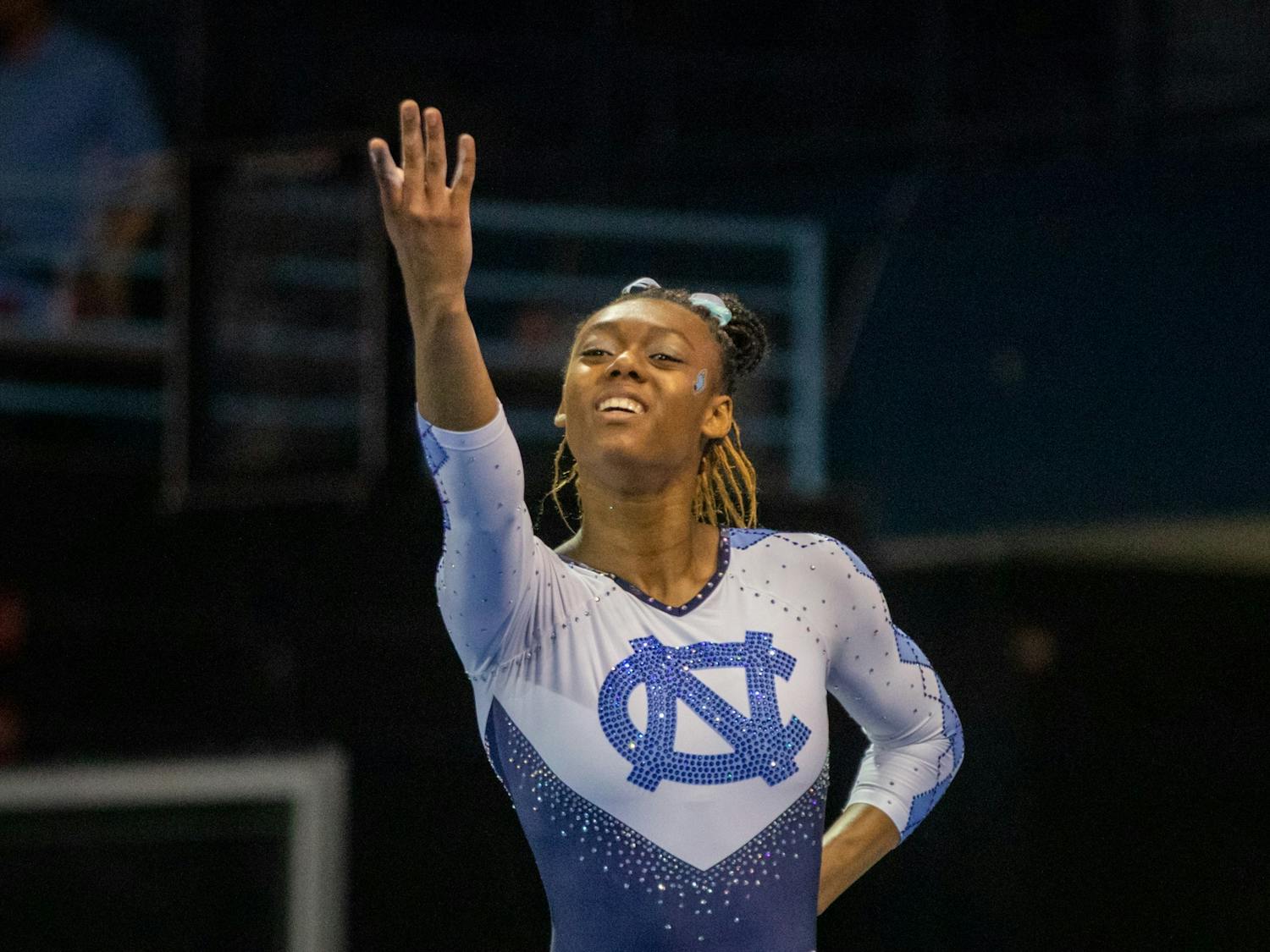 Senior Shailyn St. Brice performs her floor routine during the Tar Heels' meet against West Virginia at Carmichael Arena on Feb. 24th, 2022. UNC lost 195.225 - 196.250.