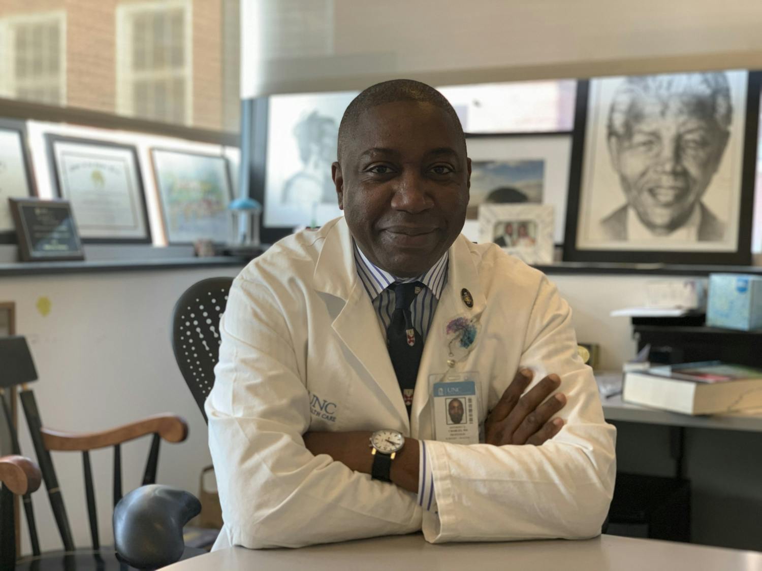 Director of global surgery at the Institute of Global Health and Infectious Diseases at the UNC School of Medicine Dr. Anthony Charles poses for a portrait on April 18, 2021. Dr. Charles is working to improve surgical quality in middle to low income N.C. counties.&nbsp;