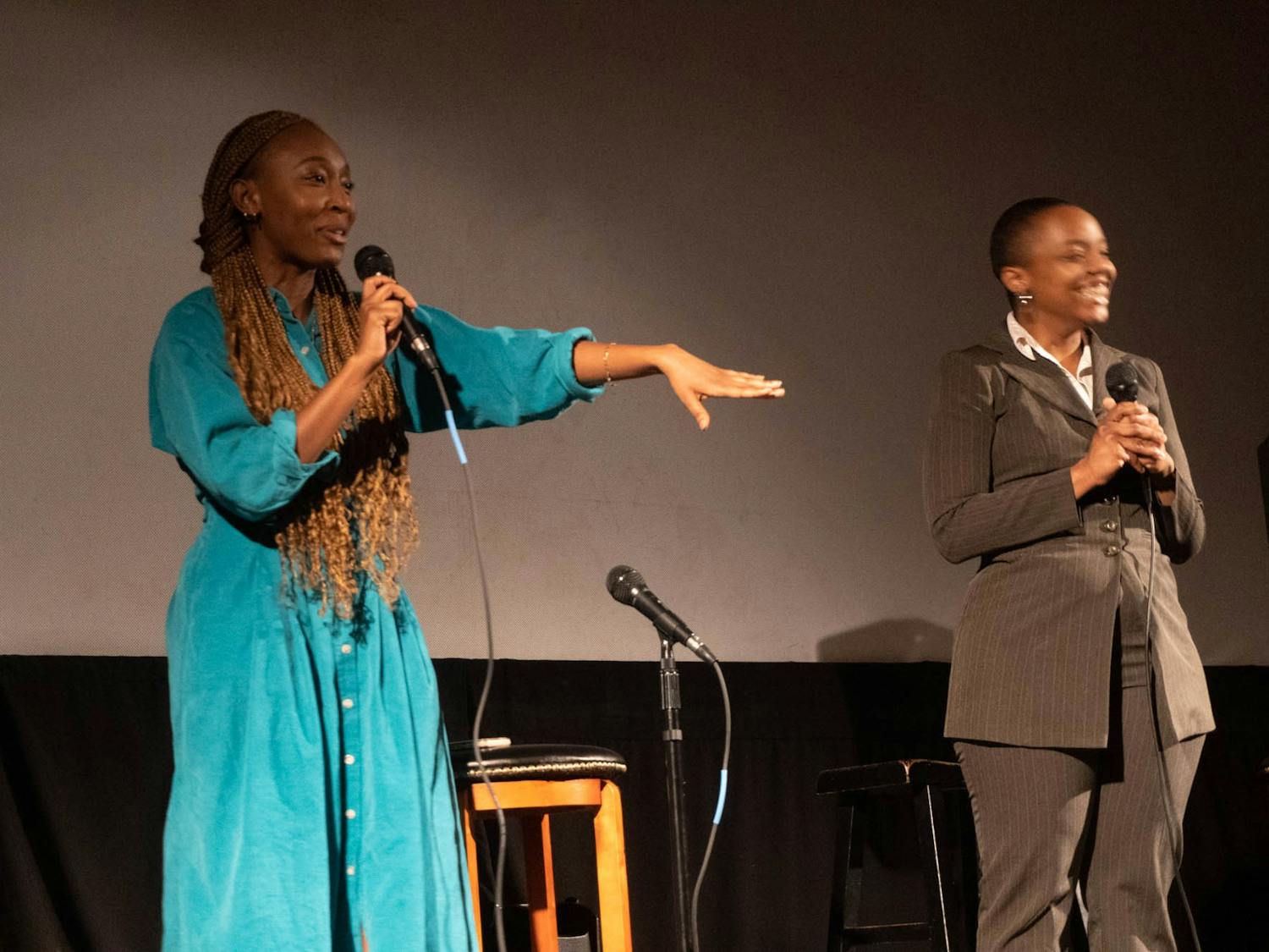 UNC Student Body President Taliajah "Teddy" Vann and student Jailyn Neville speak during the second annual Chapel Hill Black Film Festival, on Friday, Feb. 10, 2023.