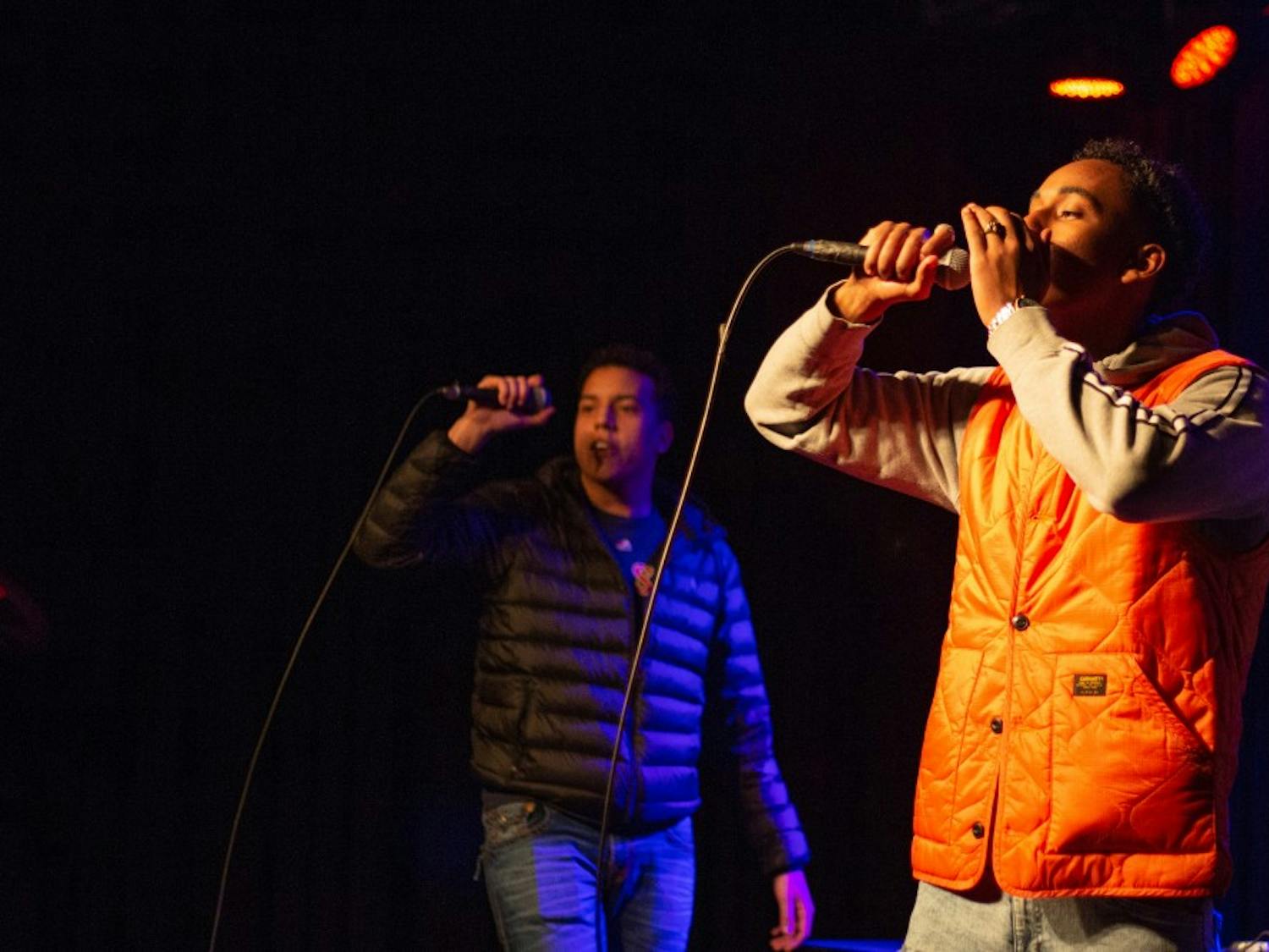 Jemal Abdulhadi (right) and Nicho Stevens (left) perform at the Cat's Cradle Back Room on Thursday, Jan. 31, 2019 at the King of the Hill: Hip Hop Showcase to promote and celebrate Abdulhadi's album release under the name of J Dasani. 
