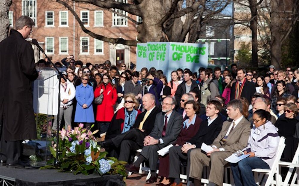 Chancellor Holden Thorp addresses the hundreds who gathered Thursday to remember Carson. DTH/Phong Dinh