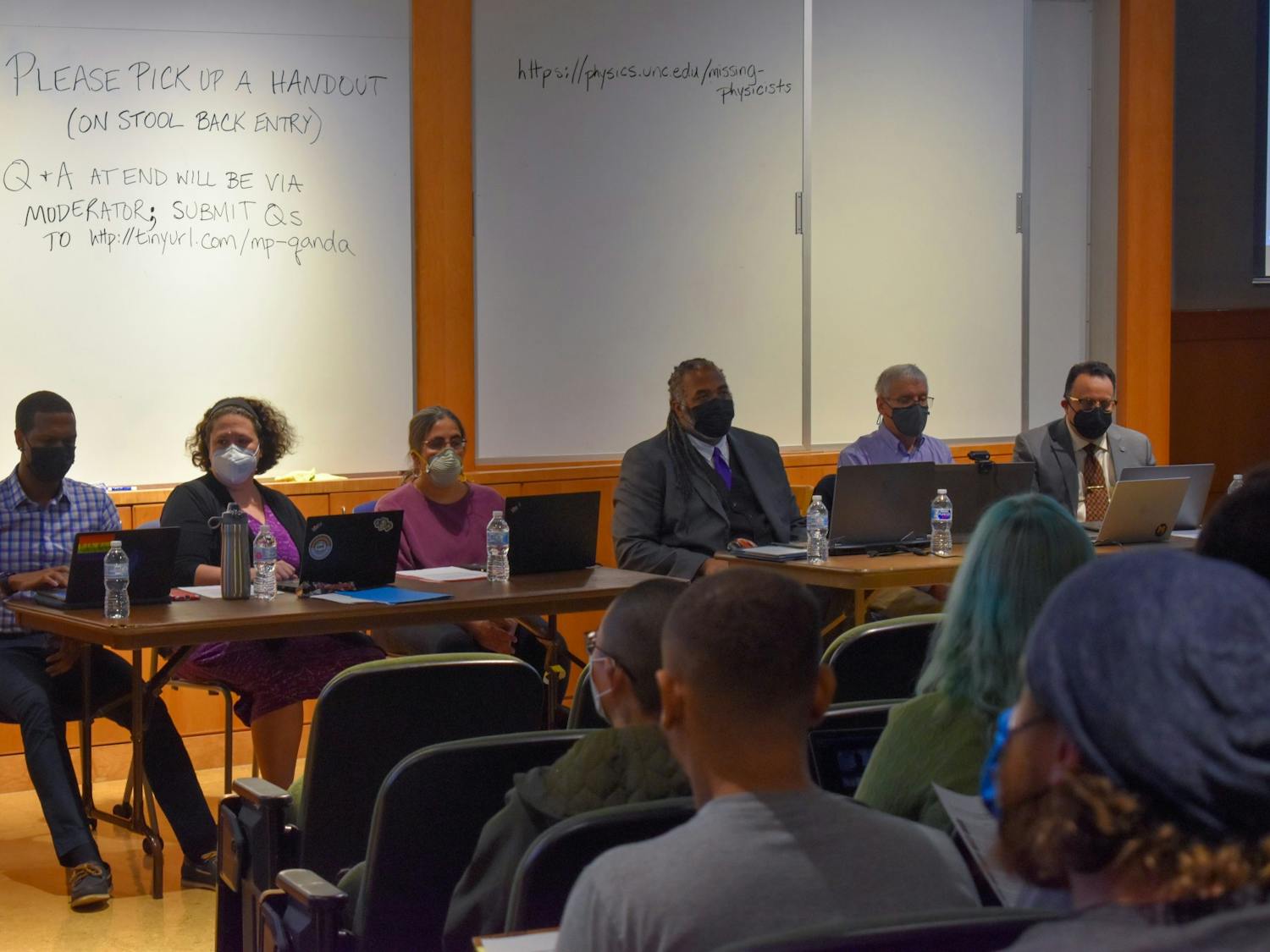 Panelists speak at the Department of Physics and Astronomy's event titled "The Missing Physicists" that took place in Chapman Hall on Friday, Apr. 8, 2022. 