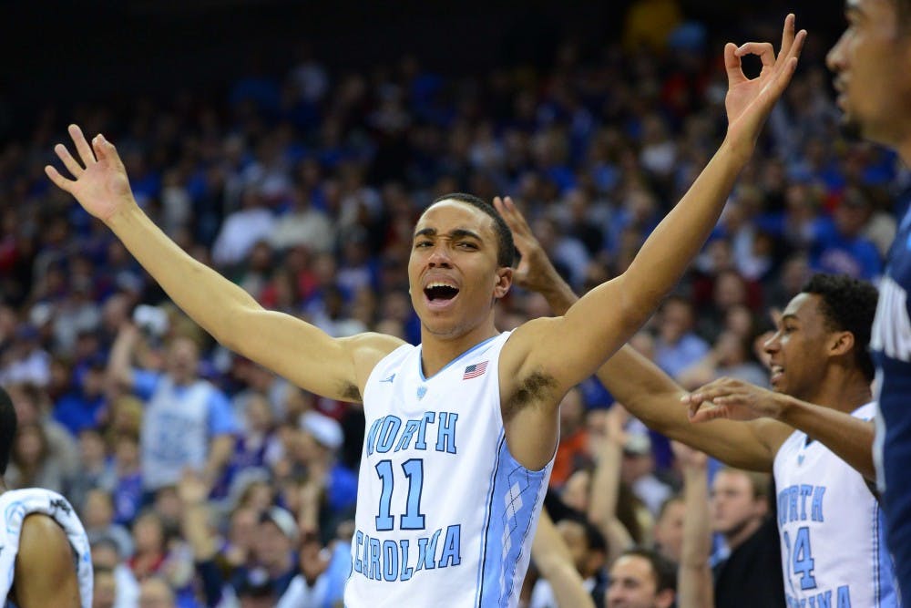 Brice Johnson (11) reacts after a 3-point basket late in the 2nd half.