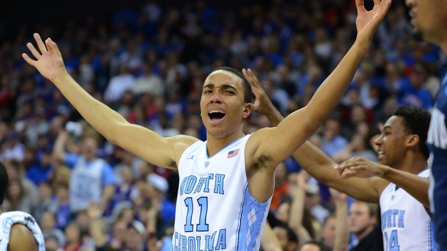 Brice Johnson (11) reacts after a 3-point basket late in the 2nd half.
