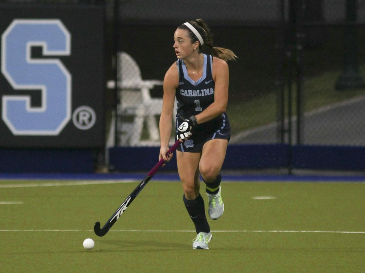UNC junior forward Erin Matson (1) drives the ball up the field against Syracuse on Oct. 16, 2020 in the Karen Shelton Stadium in Chapel Hill, N.C. Matson scored the only goal of the game, letting UNC beat Syracuse 1-0.