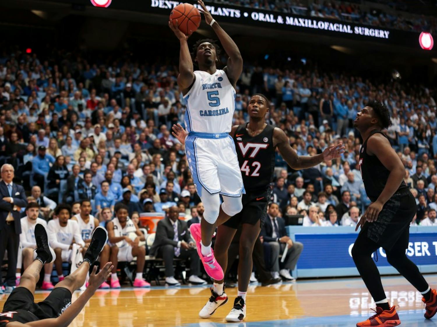 Forward Nassir Little (5) shoots the ball during the men's basketball game vs. Virginia Tech at the Smith Center on Monday, Jan. 21, 2019. The Tar Heels won 103-82.