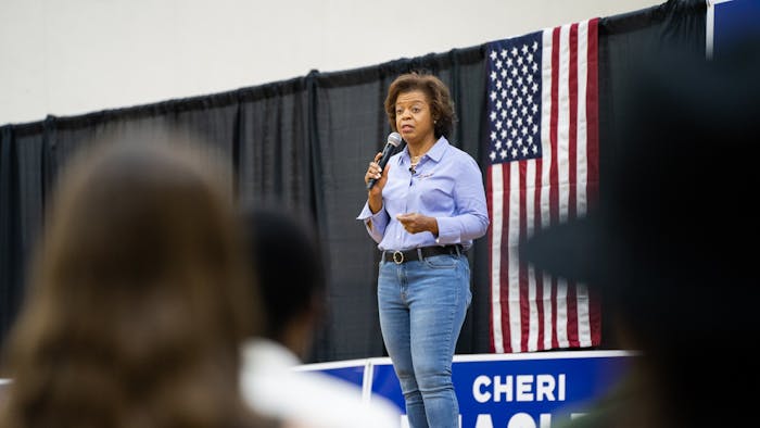 North Carolina Democratic U.S. Senate candidate Cheri Beasley on stage during her rally at Fetzer Gym, on Oct. 16, 2022.
