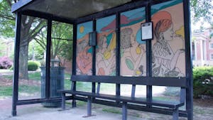 Janvika Shah's artwork decorates a bus shelter on South Road in Chapel Hill.