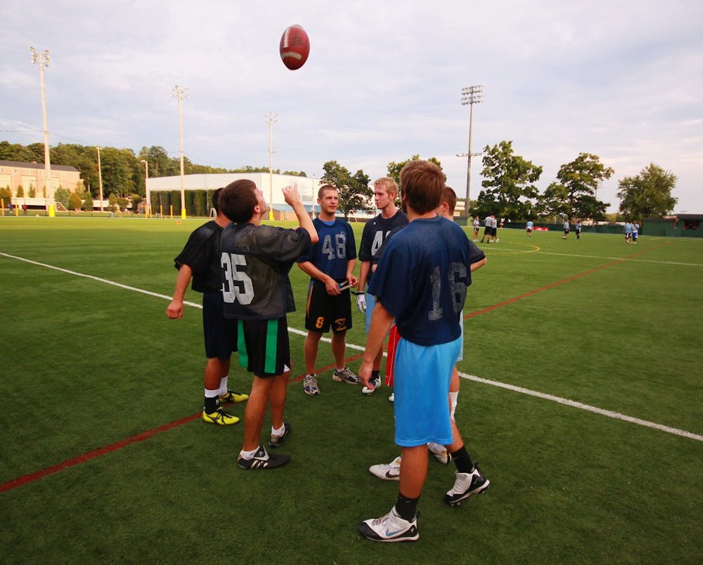 	On Thursday night, team Mean Machine defeated Tarheels Finest 48-6 in one of the first intramural flag football games of the season.  Both teams are in pursuit of the coveted intramural championship T-shirt. Courtesy of Cameron Moseley