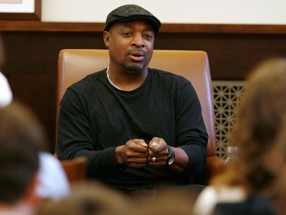 Chuck D, co-founder of hip-hop group Public Enemy, speaks to students Monday.