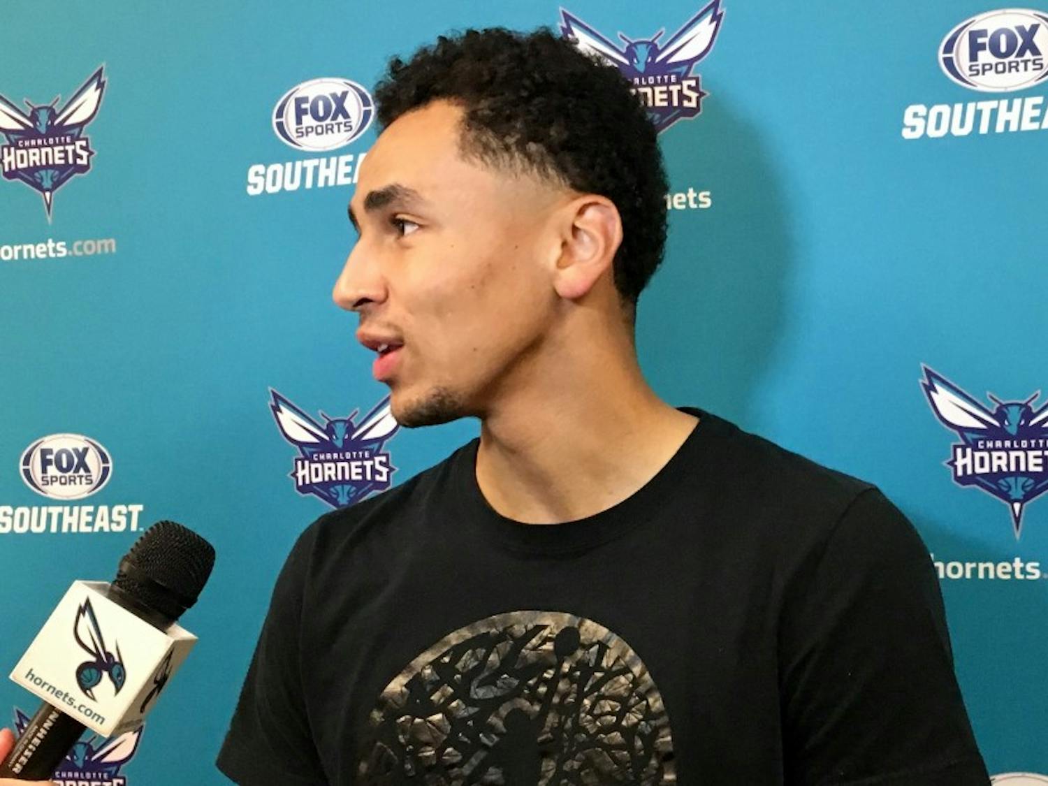 Marcus Paige talks to media at the Spectrum Center on Wednesday after signing a two-way contract with the Charlotte Hornets.