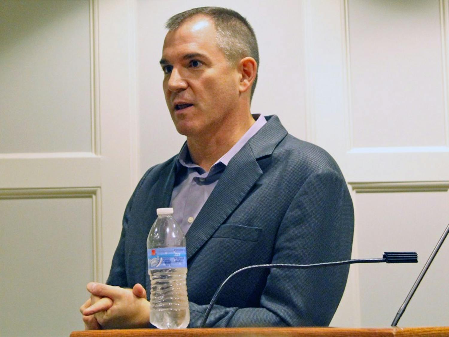 Frank Bruni, UNC Alumnus and current op-ed columnist for the New York Times, answers questions after a speech.