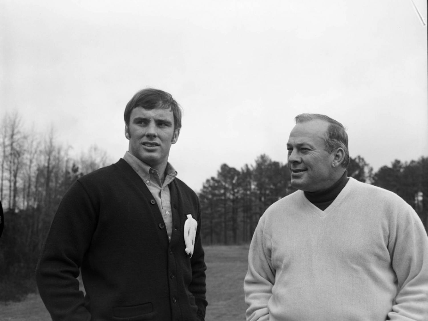 	Former UNC football player Don McCauley (left) stands with Charlie “Choo Choo” Justice in the early 1970s.  Photo courtesy of Wilson Library.