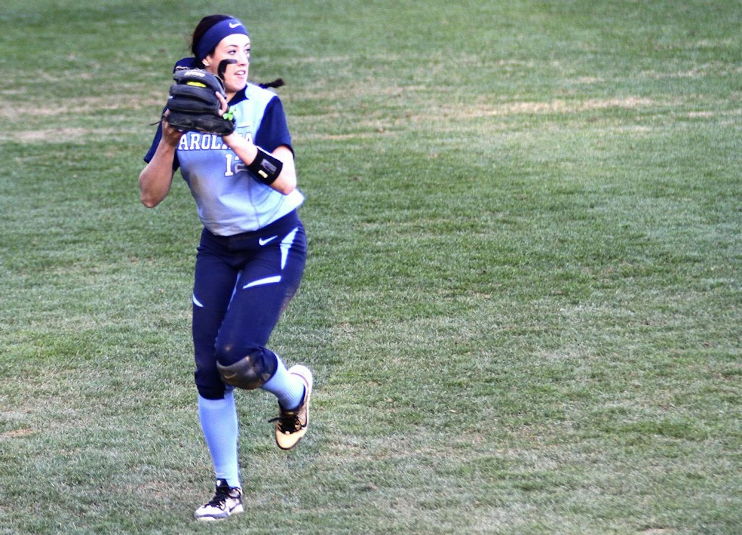 Kristen Brown (12) tosses off the ball during the softball game against Georgetown University on February, 28.
