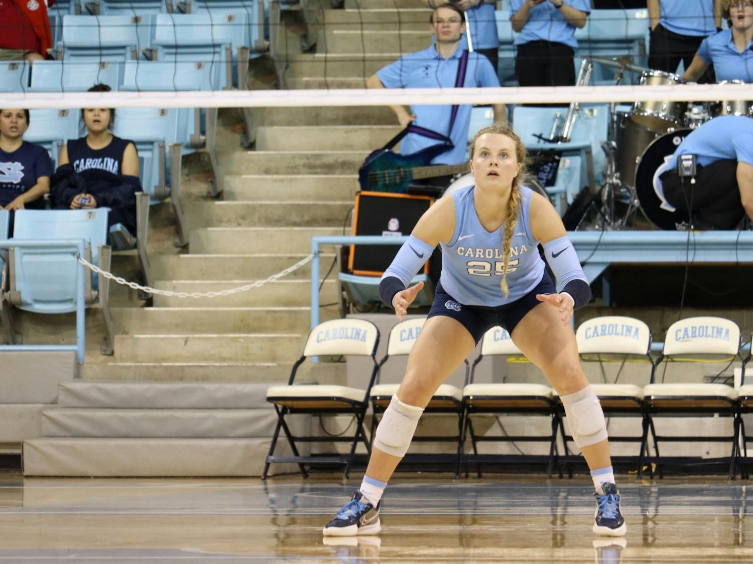 UNC first-year libero/defensive specialist Maddy May (25) prepares to hit the ball during the volleyball match against Georgia Tech on Friday, Oct. 28, 2022, at Carmichael Arena. UNC lost 3-1.