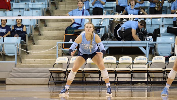UNC first-year libero/defensive specialist Maddy May (25) prepares to hit the ball during the volleyball match against Georgia Tech on Friday, Oct. 28, 2022, at Carmichael Arena. UNC lost 3-1.