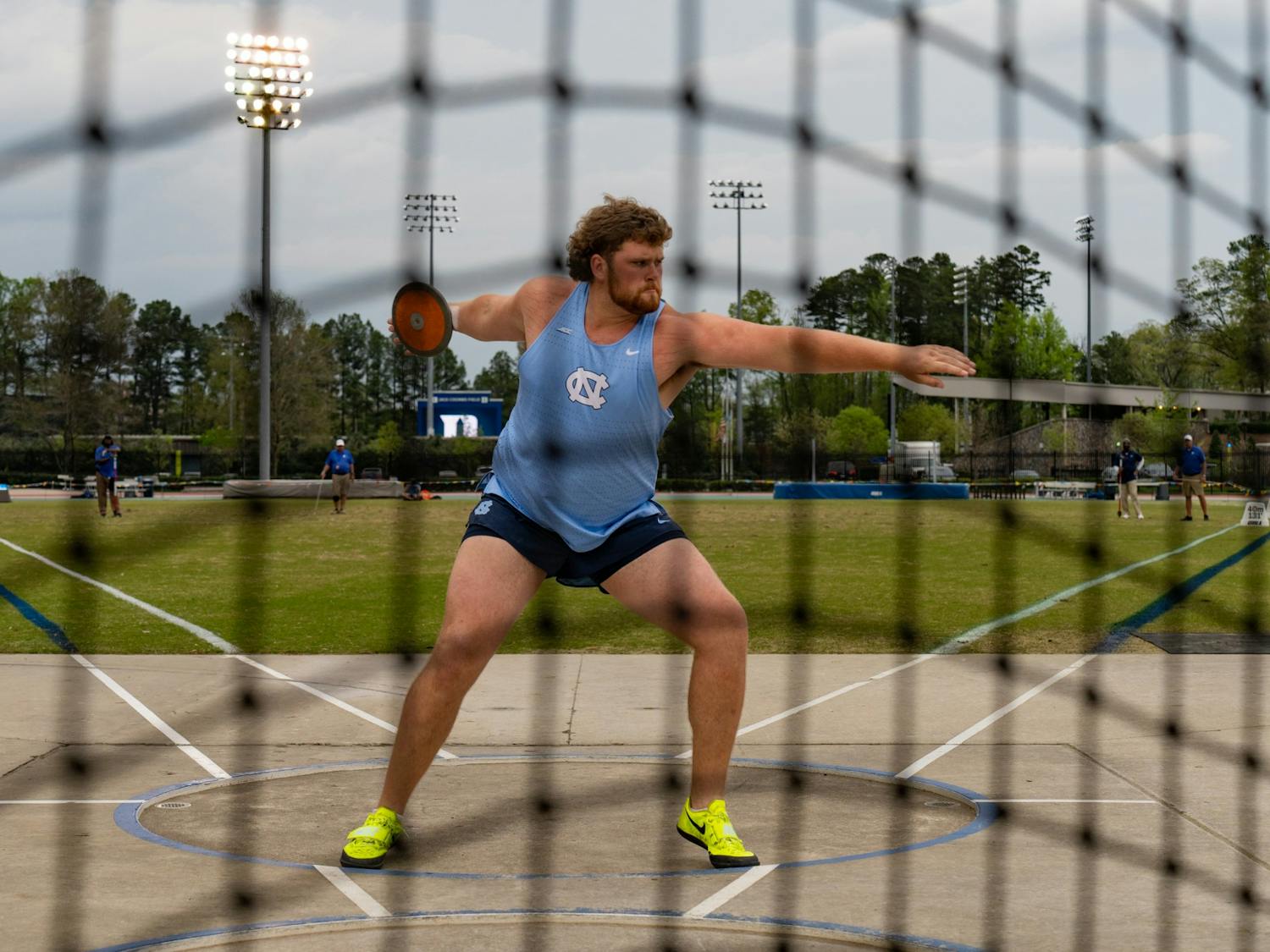UNC first-year Spencer Williams throws the discus during the track and field invitation at Duke University's &nbsp;Morris Williams stadium on Thursday, April 6, 2023.
