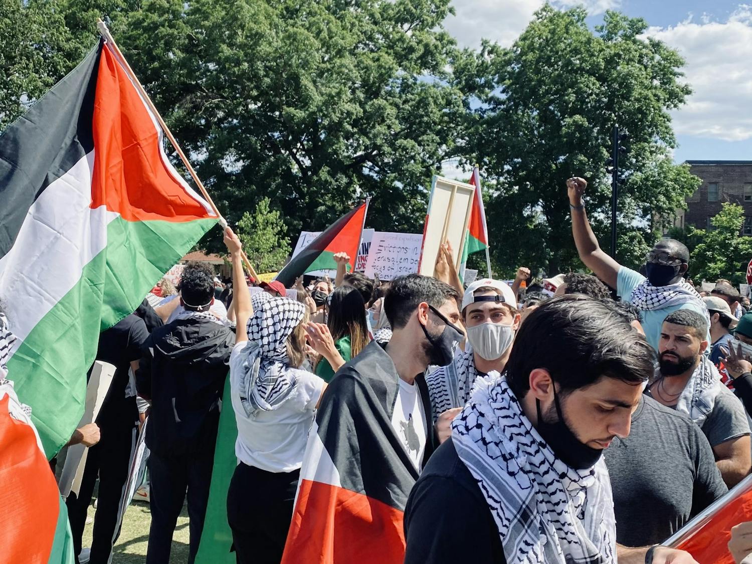People gather in Raleigh on Saturday May 15, 2021 to protest the Israeli Palestine conflict. Photo courtesy of Nadeen Atieh. 
