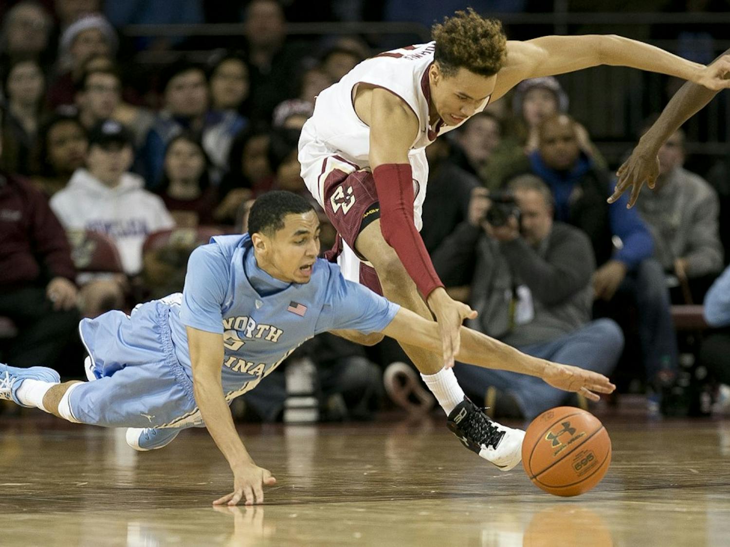 North Carolina&apos;s Marcus Paige (5) and Boston College&apos;s A.J. Turner (11) go after a loose ball in the first half on Tuesday, Feb. 9, 2016, at Conte Forum in Chestnut Hill, Mass. (Robert Willett/Raleigh News &amp; Observer/TNS)