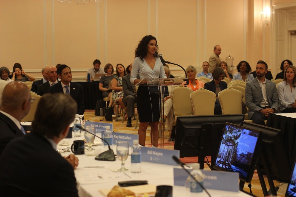 <p>UNC student body president Ashton Martin speaks at a Board of Trustees meeting after officially becoming a member on Thursday, May 29, 2019.&nbsp;</p>