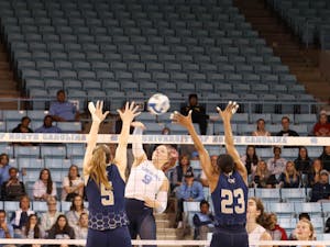 UNC sophomore outside hitter Mabrey Shaffmaster (9) hits the ball during the volleyball match against Georgia Tech on Friday, Oct. 28, 2022 at Carmichael Arena.
