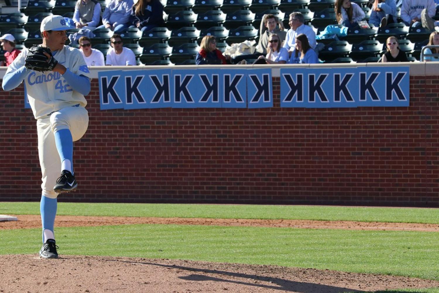 North Carolina pitcher Luca Dalatri (42) struck out 15 batters at Sunday's game against Radford. It was the most strikeouts thrown by a UNC pitcher since Matt Harvey in 2010.