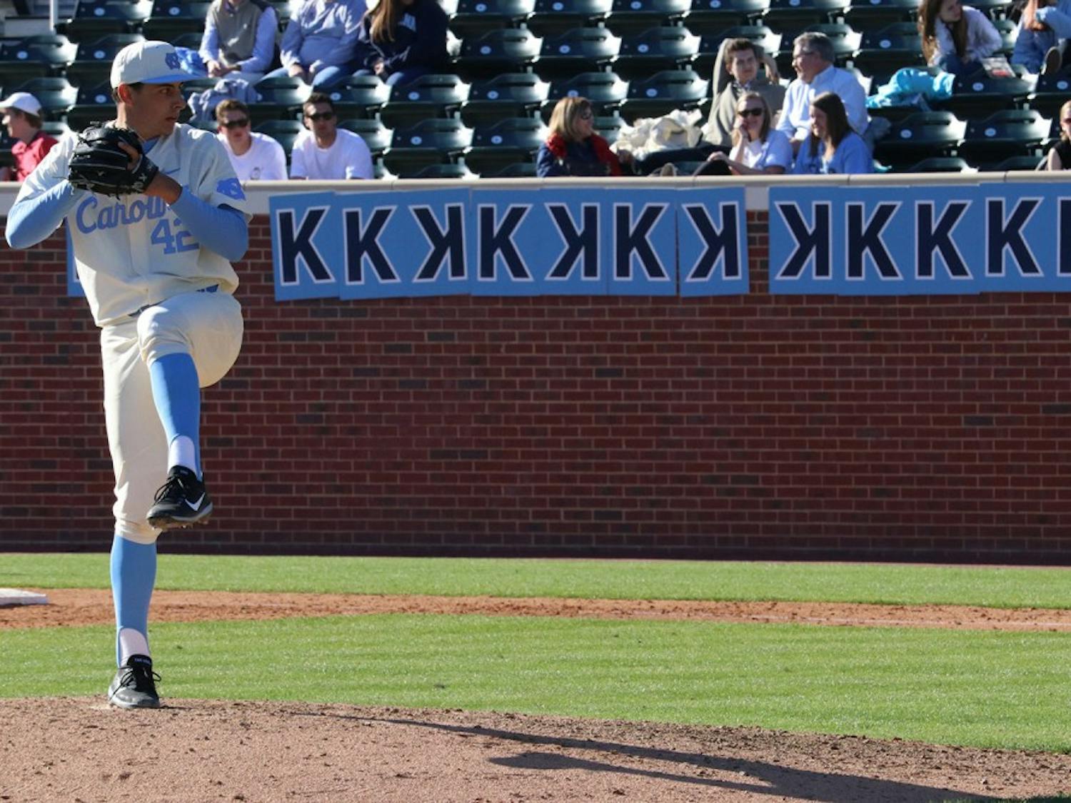 North Carolina pitcher Luca Dalatri (42) struck out 15 batters at Sunday's game against Radford. It was the most strikeouts thrown by a UNC pitcher since Matt Harvey in 2010.