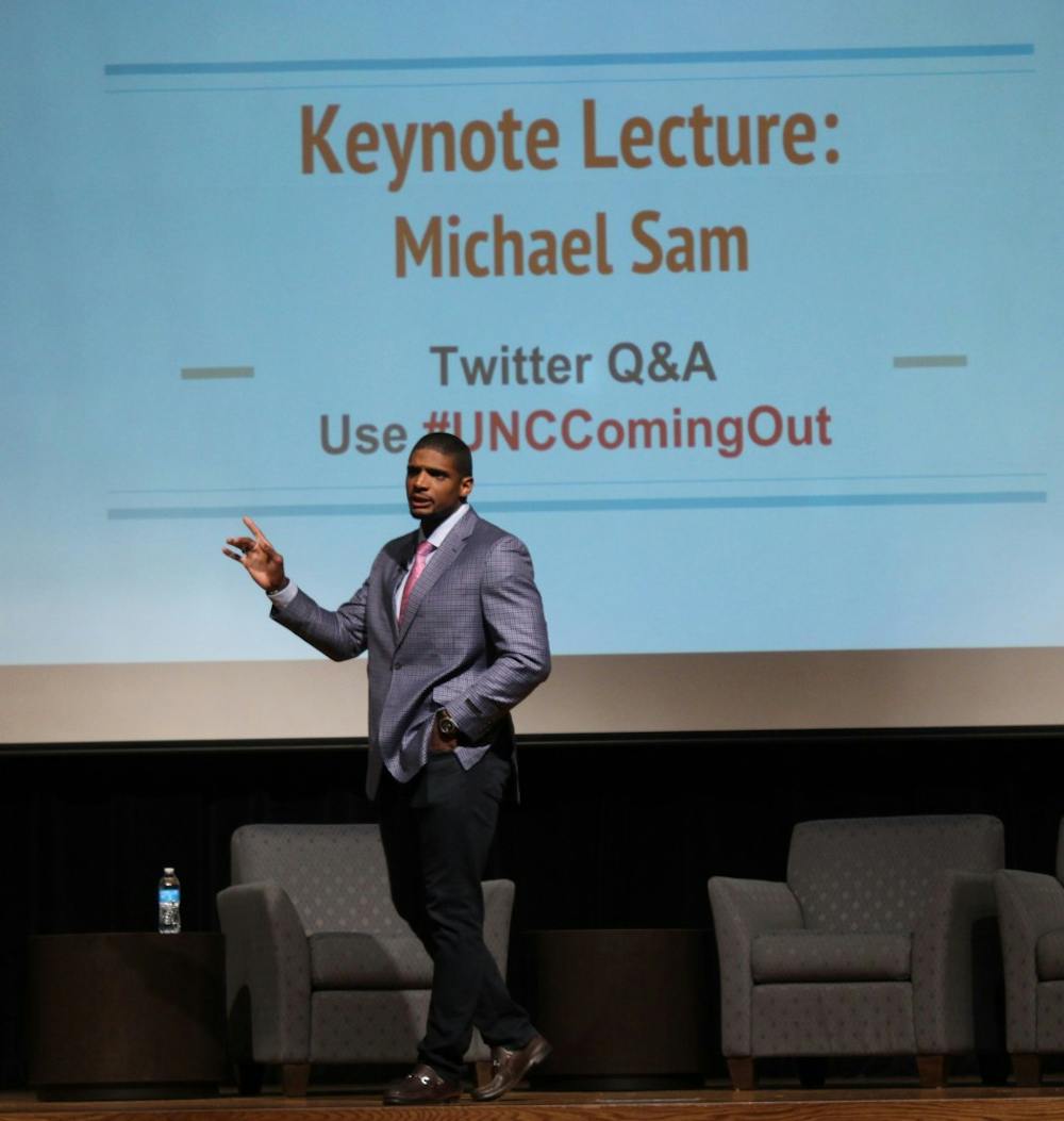 Former NFL player Micheal Sam spoke at the Carolina Union on National Coming Out Day about what it meant to be the first openly gay player in the NFL. 