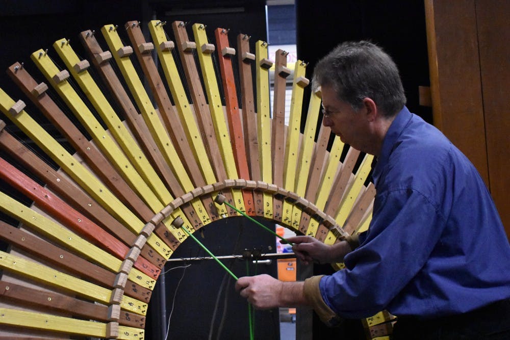 Paul Dresher plays with the instrument he named 'peacock' in preparation for the grand opening of Carolina Preforming Arts new space, CURRENT. 