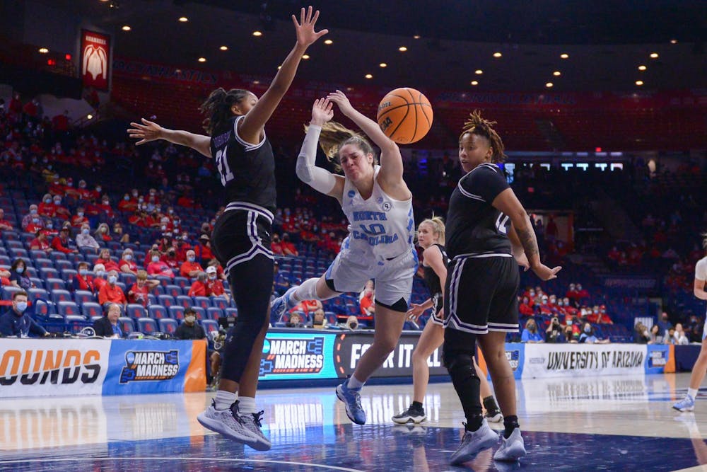 <p>Graduate Student Guard, Eva Hodgson (10) attempts to steal the ball during the game against Stephen F. Austin at the first round of the NCAA women’s basketball tournament in Tucson, Arizon on March 19, 2022.</p>