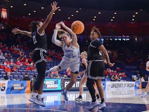 Graduate Student Guard, Eva Hodgson (10) attempts to steal the ball during the game against Stephen F. Austin at the first round of the NCAA women’s basketball tournament in Tucson, Arizon on March 19, 2022.