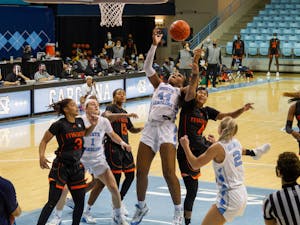 UNC senior center Janelle Bailey (44) shoots the ball at the game against Miami at Carmichael Arena on Sunday, Jan. 10, 2021. UNC fell to Miami 69-59.