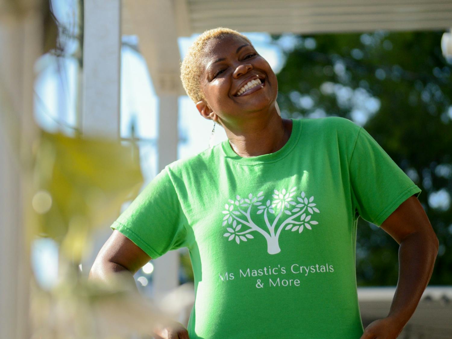 Loretha Johnson, the owner of Ms. Mastic's Crystals &amp; More, stands outside Midway Market on Aug. 8, 2022. Johnson began her business at pop up shops hosted at Midway Market.