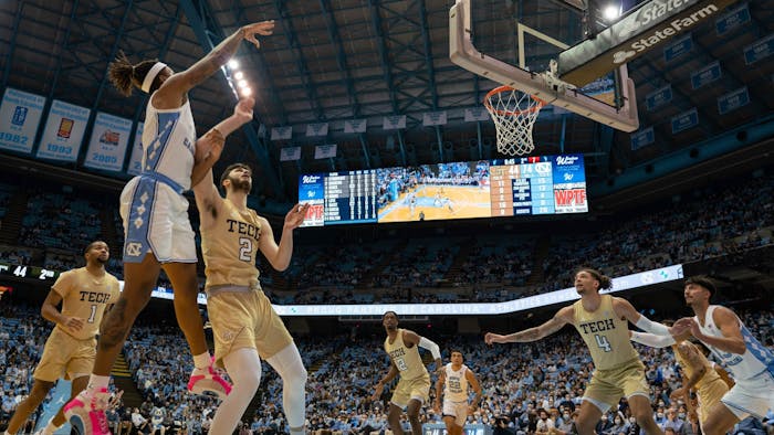 Junior forward Armondo Bacot (5) scores at the game against Georgia Tech on Saturday, Jan 15, 2022, at the Dean Smith Center. UNC won 88-65.
