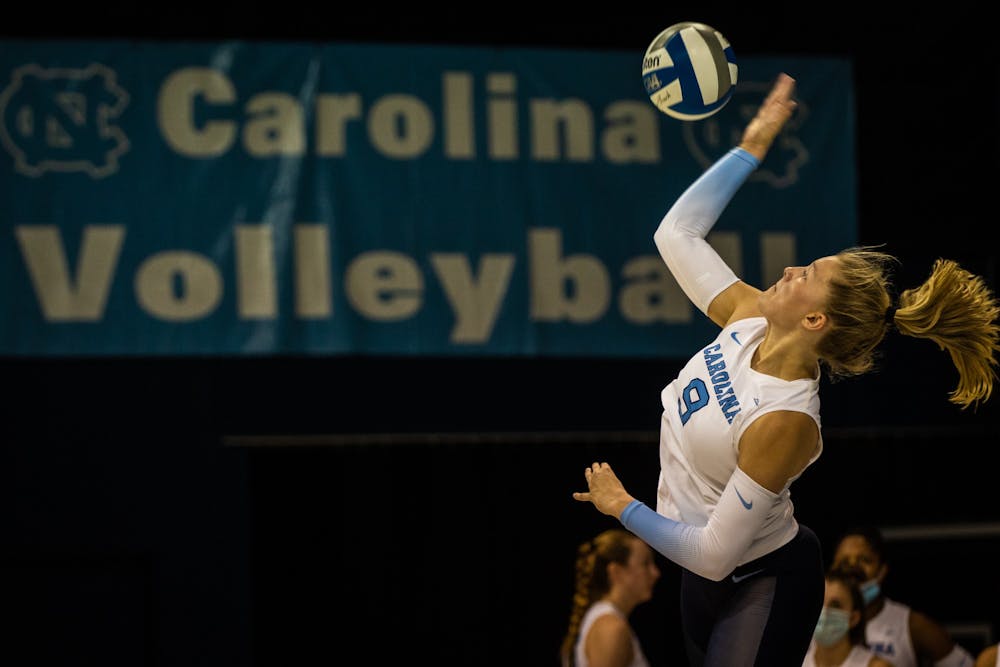 In the Sept. 18 game against Davidson, freshman outside hitter Mabrey Shaffmaster (9) serves the ball. UNC won three out of three sets.