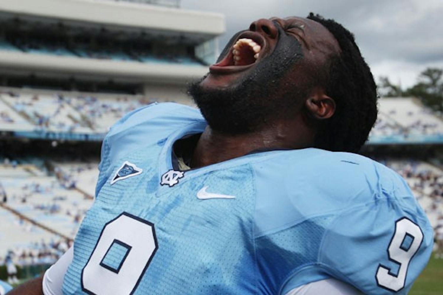 Defensive takle Marvin Austin celebrates after the Tar Heels' 42-12 win over Georgia Southern Saturday. DTH/Andrew Dye