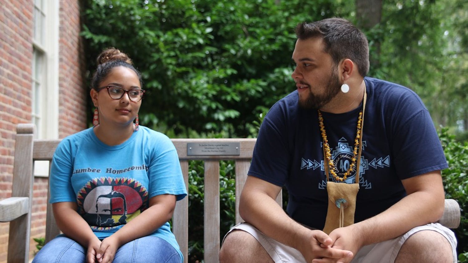 Sophomore&nbsp;Elena Polanco and First-Year Ryan Stanley sit and discuss the Lumbee tribe and their Lumbee&nbsp;heritage.