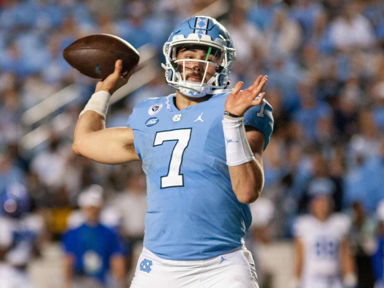 UNC junior quarterback Sam Howell (7) throws the ball at the game against Georgia State on Sept. 11 at Kenan Stadium. UNC won 59-17.